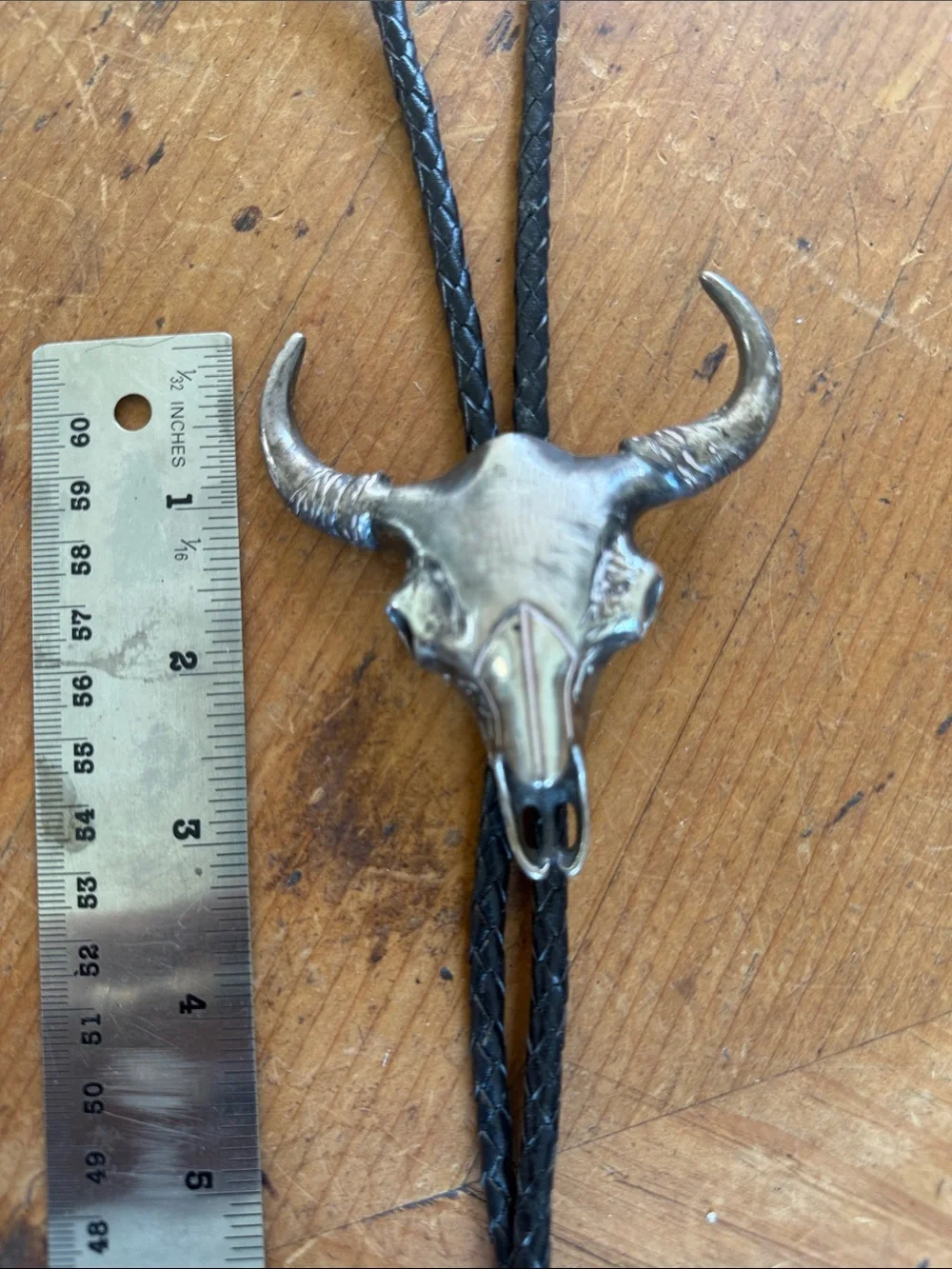 Vintage R. Sereno Sterling Silver Buffalo Skull Bolo Tie Western Leather  925